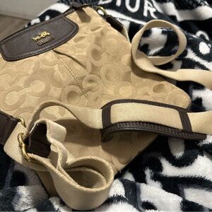 Coach Tan Canvas Crossbody with Brown Trim and Gold Hardware